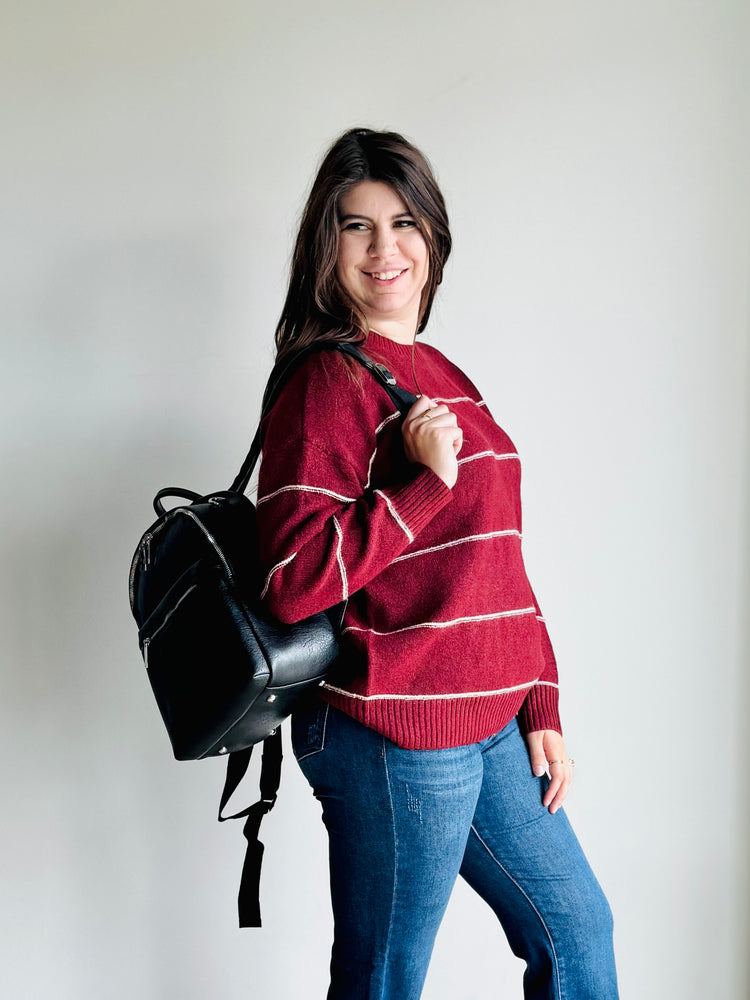 Vivienne Striped Crewneck Sweater - Wine
