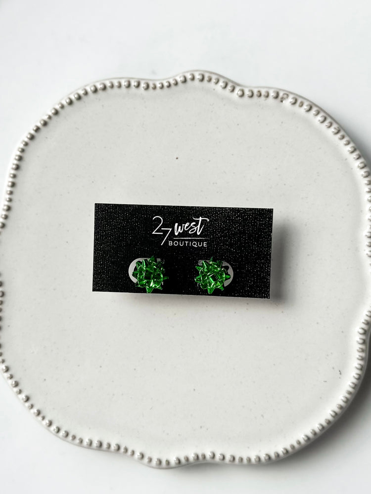Present Bow Stud Earrings - Green