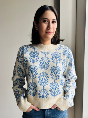 Hadley Floral Pattern Knit Sweater - Blue