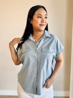 Makayla Button Up Collared Top - Light Blue