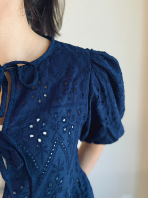 Cassidy Eyelet Peplum Top - Navy
