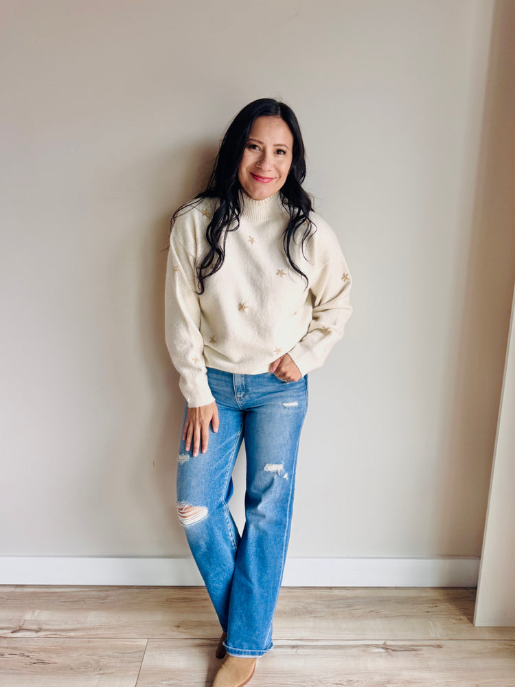 Melody Embroidered Mock Neck Sweater