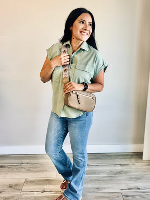 Makayla Button Up Collared Top - Light Olive