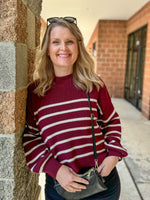 Aisha Mock Neck Striped Sweater - Burgundy