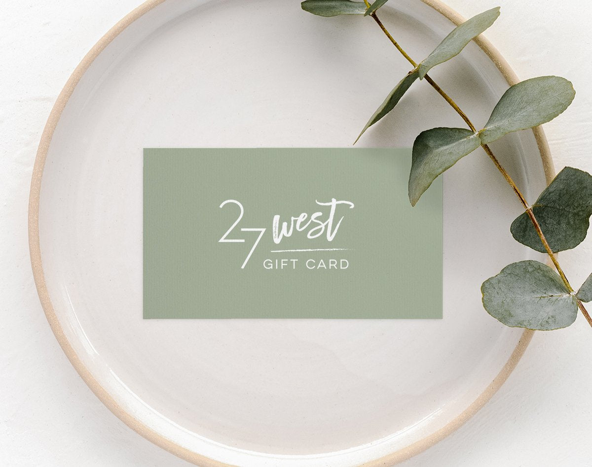 27 West boutique gift card — front view in muted tones