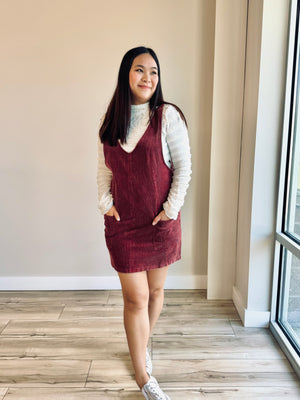 Sophie Corduroy Overall Dress - Raspberry