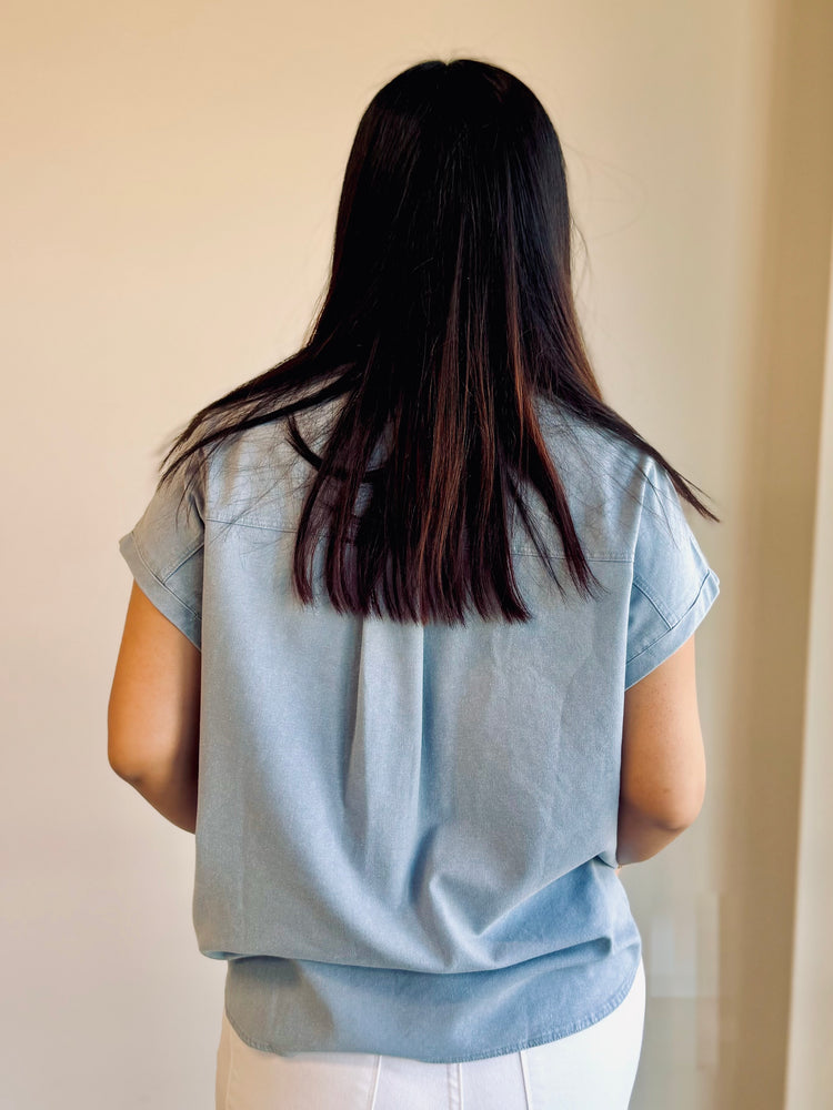 Makayla Button Up Collared Top - Light Blue