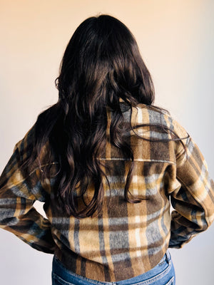 Mandy Plaid Cropped Shacket - Brown