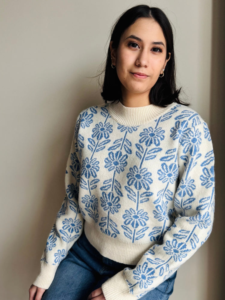 Hadley Floral Pattern Knit Sweater - Blue