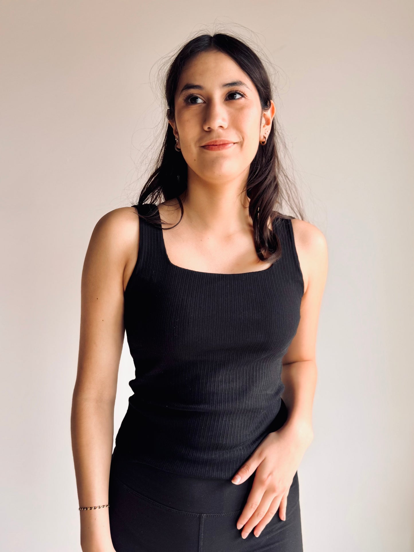 Kenzie Square Neck Padded Tank Top - Black - 27 West
