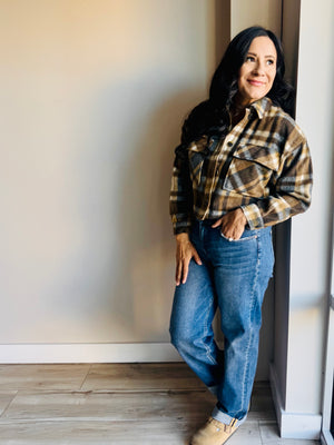 Mandy Plaid Cropped Shacket - Brown