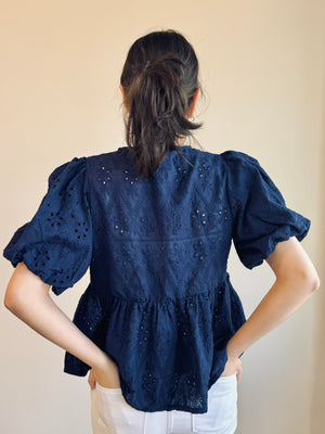 Cassidy Eyelet Peplum Top - Navy