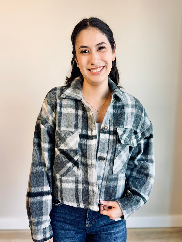 Mandy Plaid Cropped Shacket - Charcoal