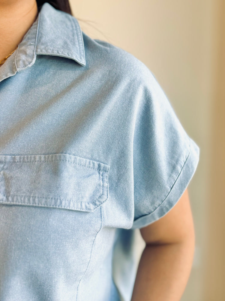 Makayla Button Up Collared Top - Light Blue