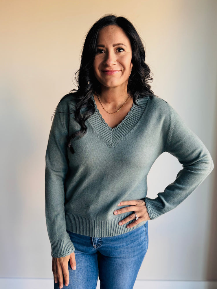 Amy Scallop Edge Sweater - Olive