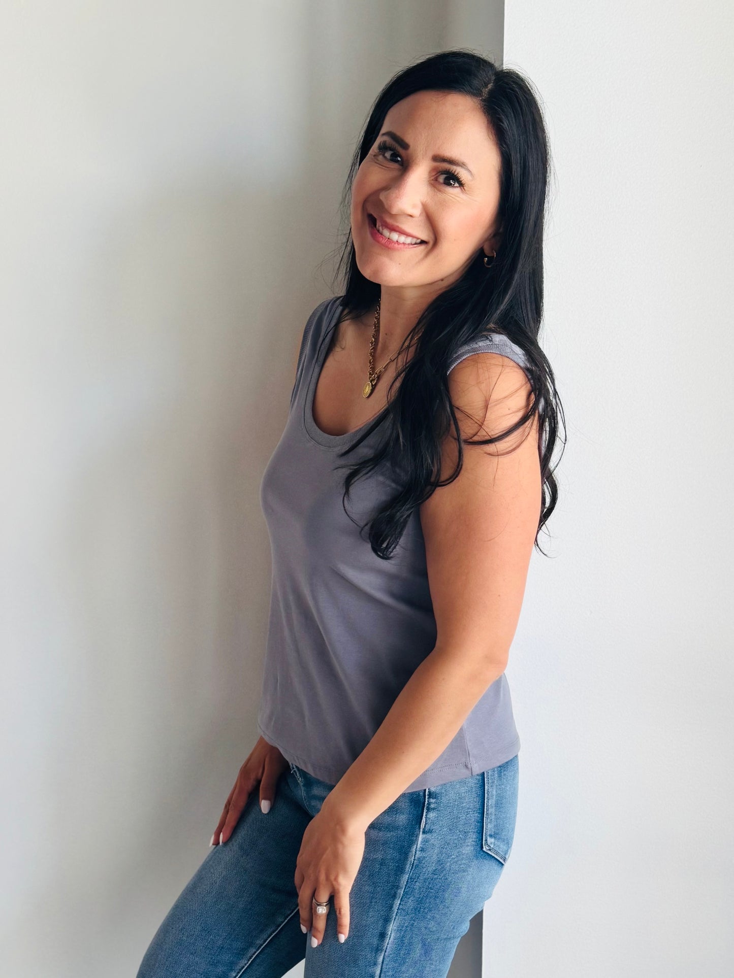 Sydney Scoop Neck Tank Top - Slate Blue - 27 West