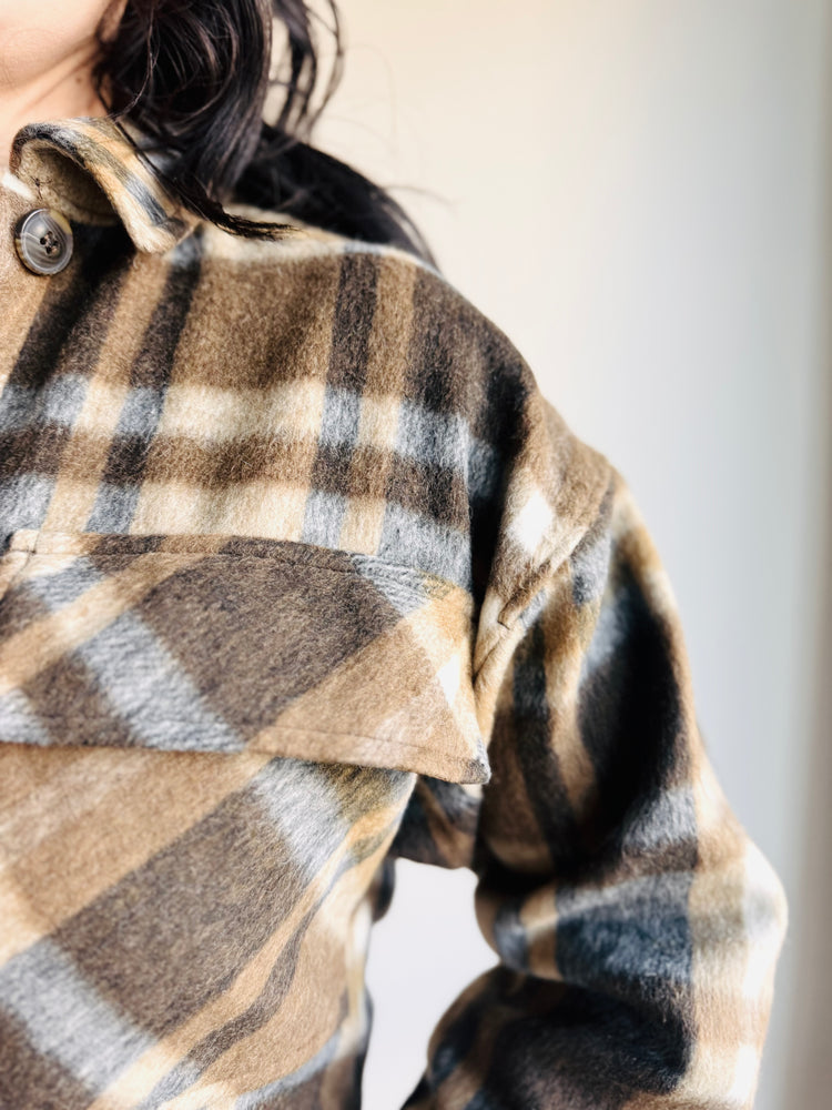 Mandy Plaid Cropped Shacket - Brown