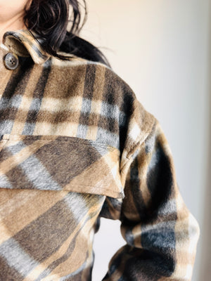Mandy Plaid Cropped Shacket - Brown