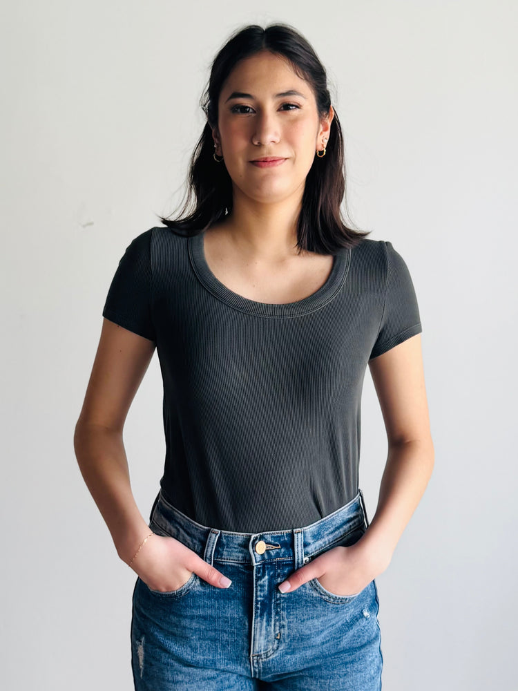 Gabby Scoop Neck Top - Charcoal