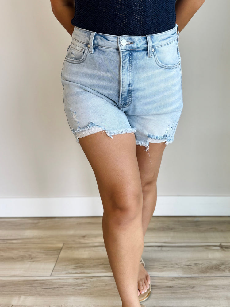 Kendal High Rise Distressed Shorts