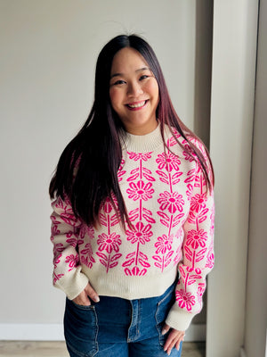 Hadley Floral Pattern Knit Sweater - Pink