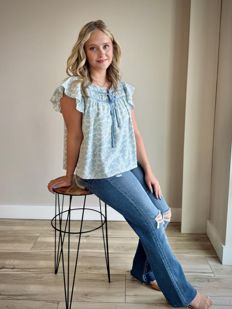 Brenna Ruffled Sleeve Blouse - Powder Blue