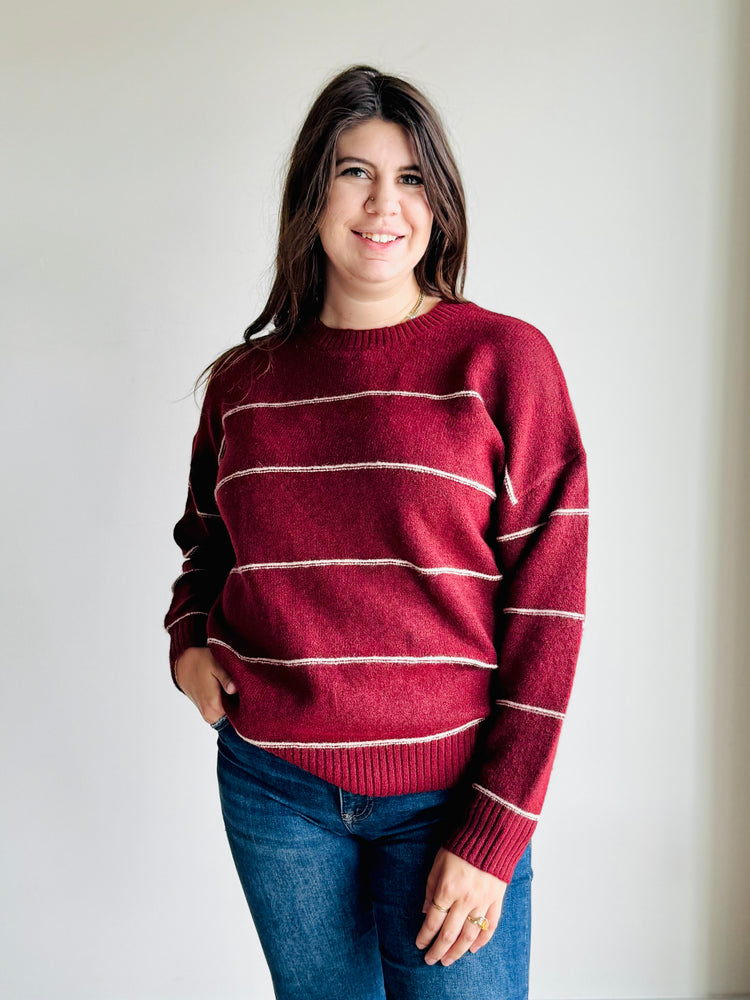 Vivienne Striped Crewneck Sweater - Wine