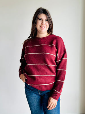 Vivienne Striped Crewneck Sweater - Wine