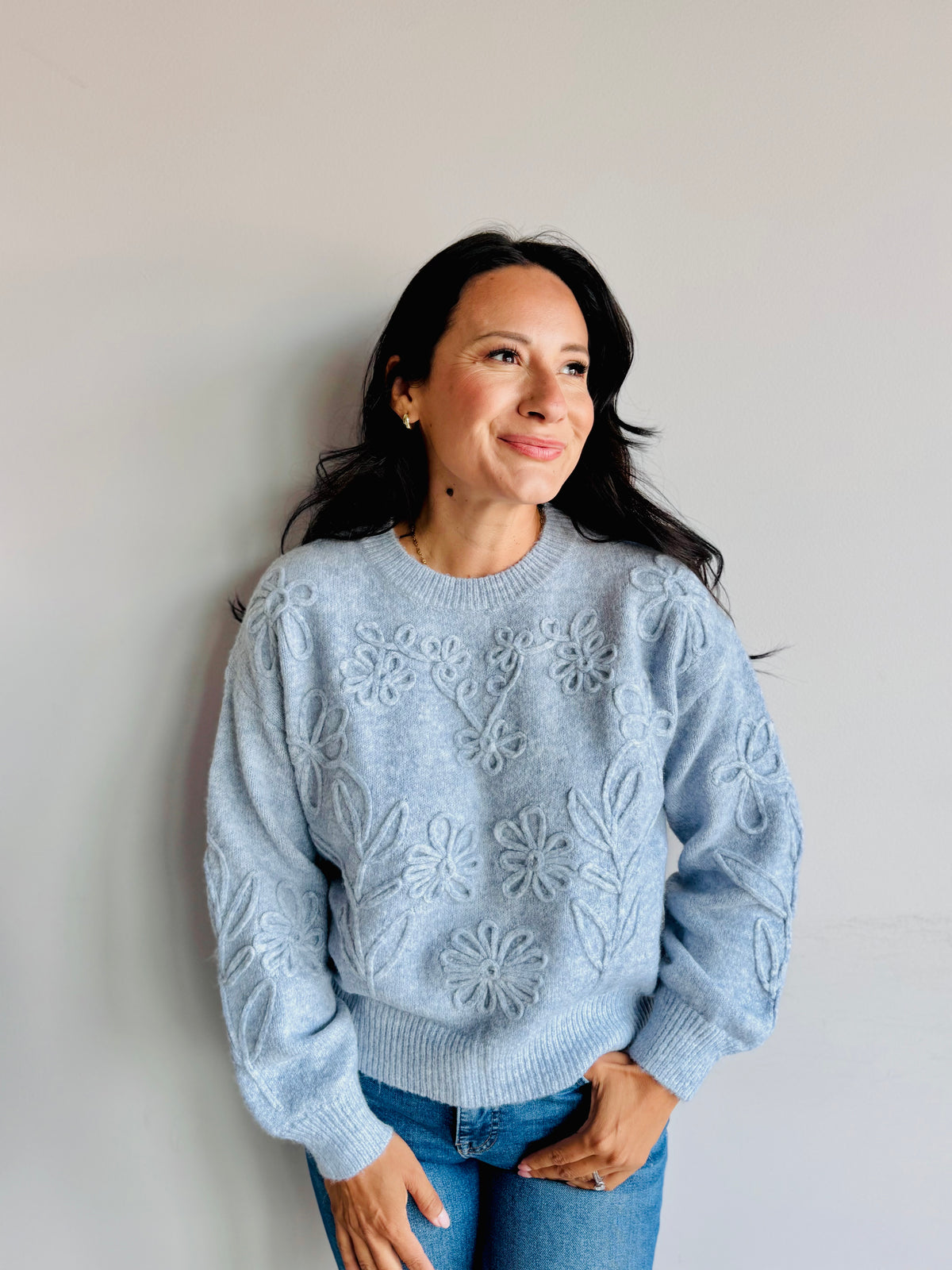 Stella Embroidered Floral Detail Sweater - Heather Blue - 27 West