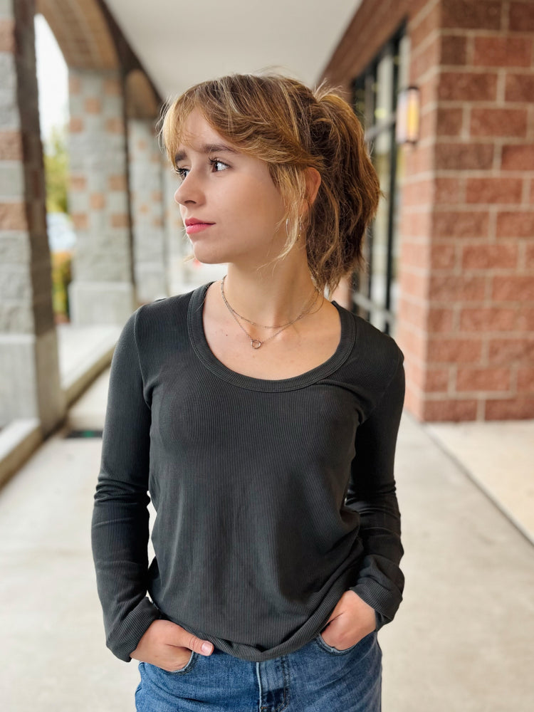 Elaina Long Sleeve Scoop Neck Top - Charcoal