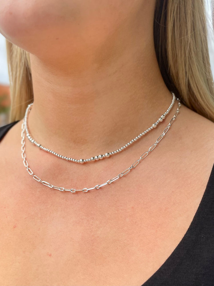 Double Layered Beaded and Chain Necklace - Silver