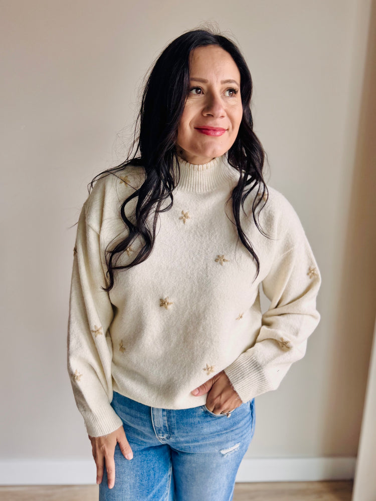 Melody Embroidered Mock Neck Sweater