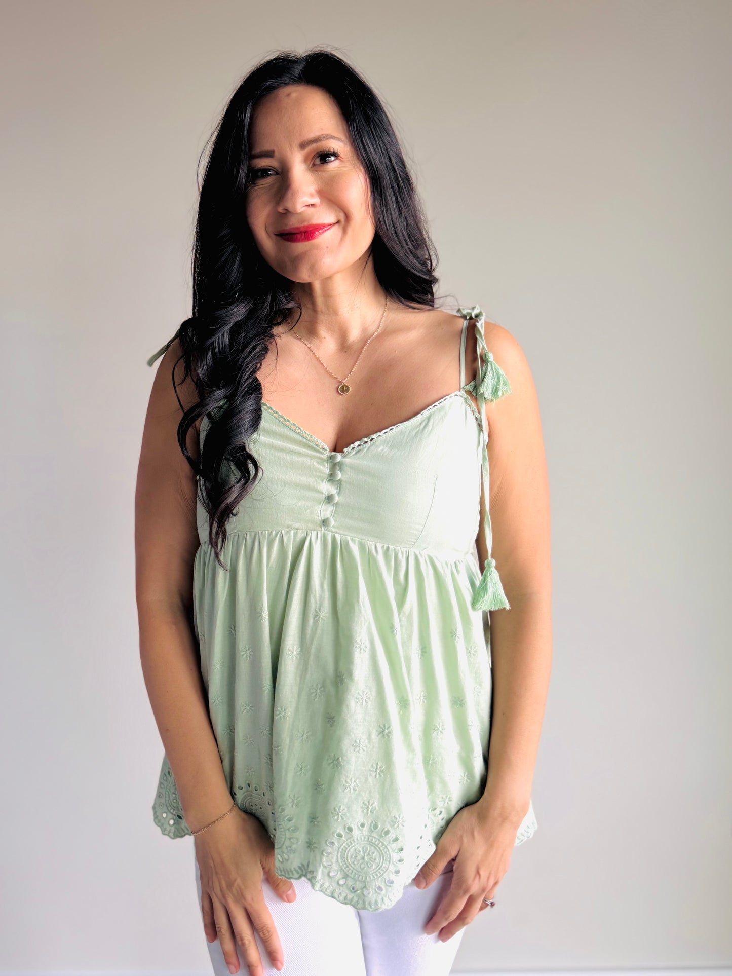 Alexa Tassel Tie Strap Tank Top - Sage - 27 West