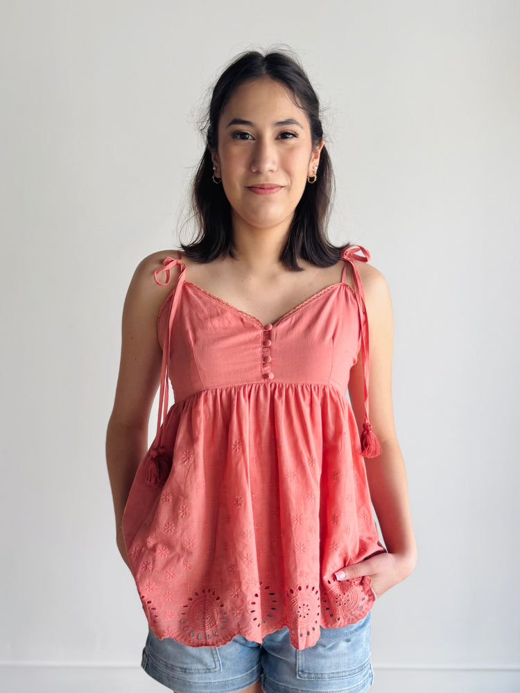 Alexa Tassel Tie Strap Tank Top - Coral