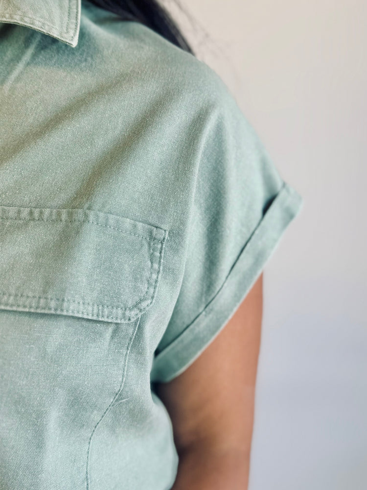 Makayla Button Up Collared Top - Light Olive
