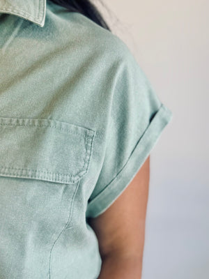 Makayla Button Up Collared Top - Light Olive