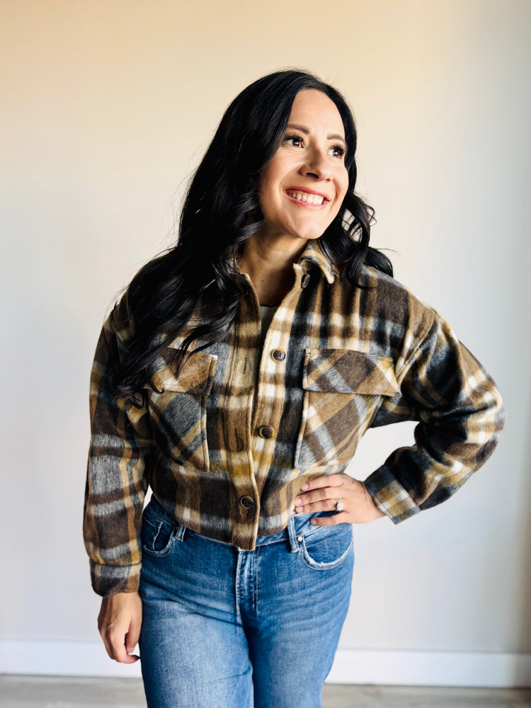 Mandy Plaid Cropped Shacket - Brown
