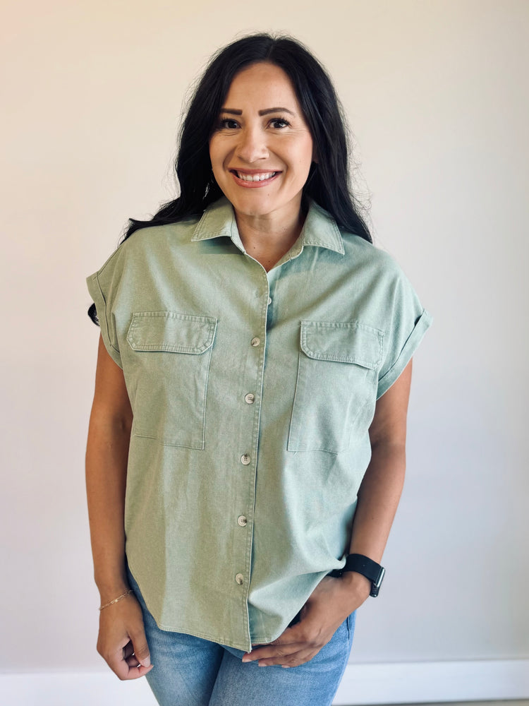 Makayla Button Up Collared Top - Light Olive