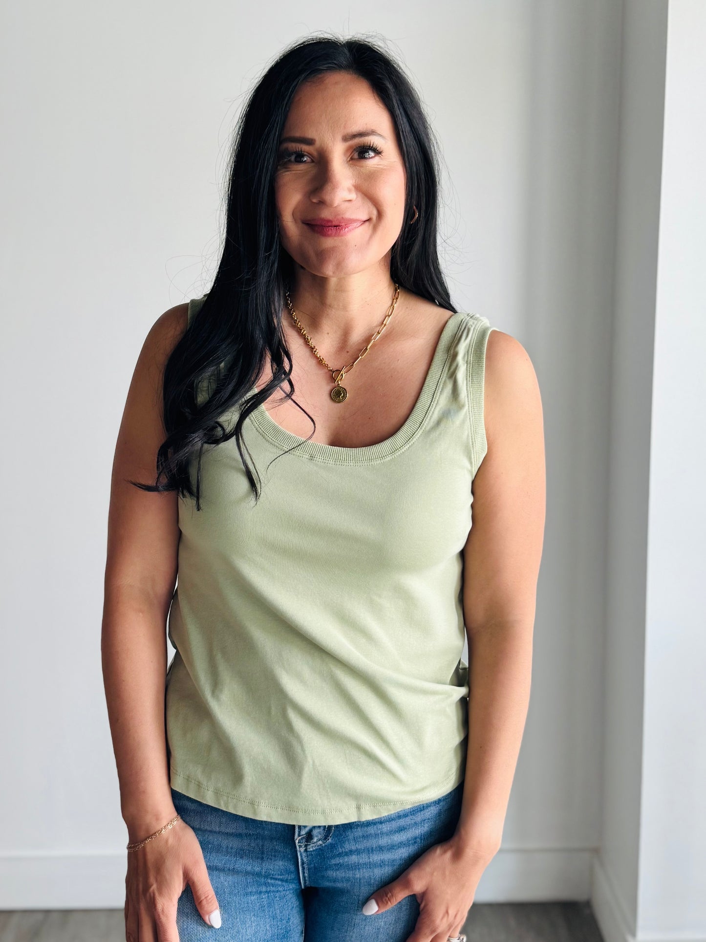 Sydney Scoop Neck Tank Top - Sage - 27 West