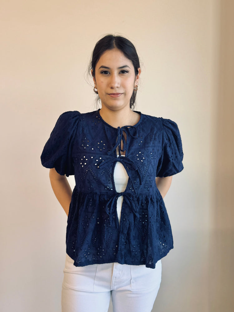 Cassidy Eyelet Peplum Top - Navy