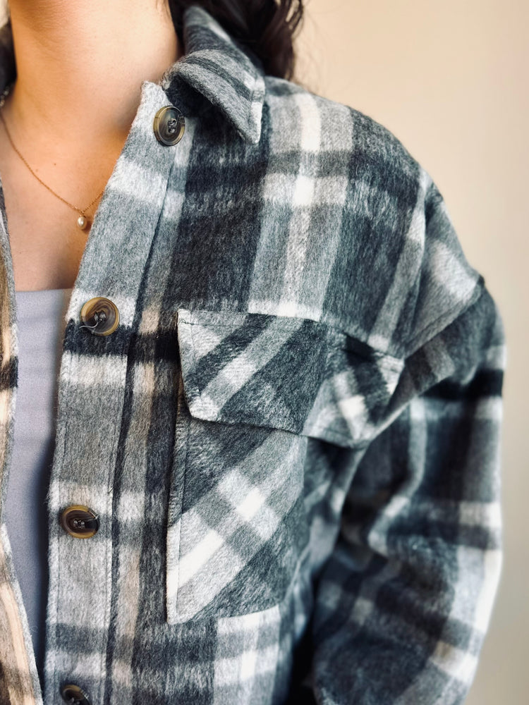 Mandy Plaid Cropped Shacket - Charcoal