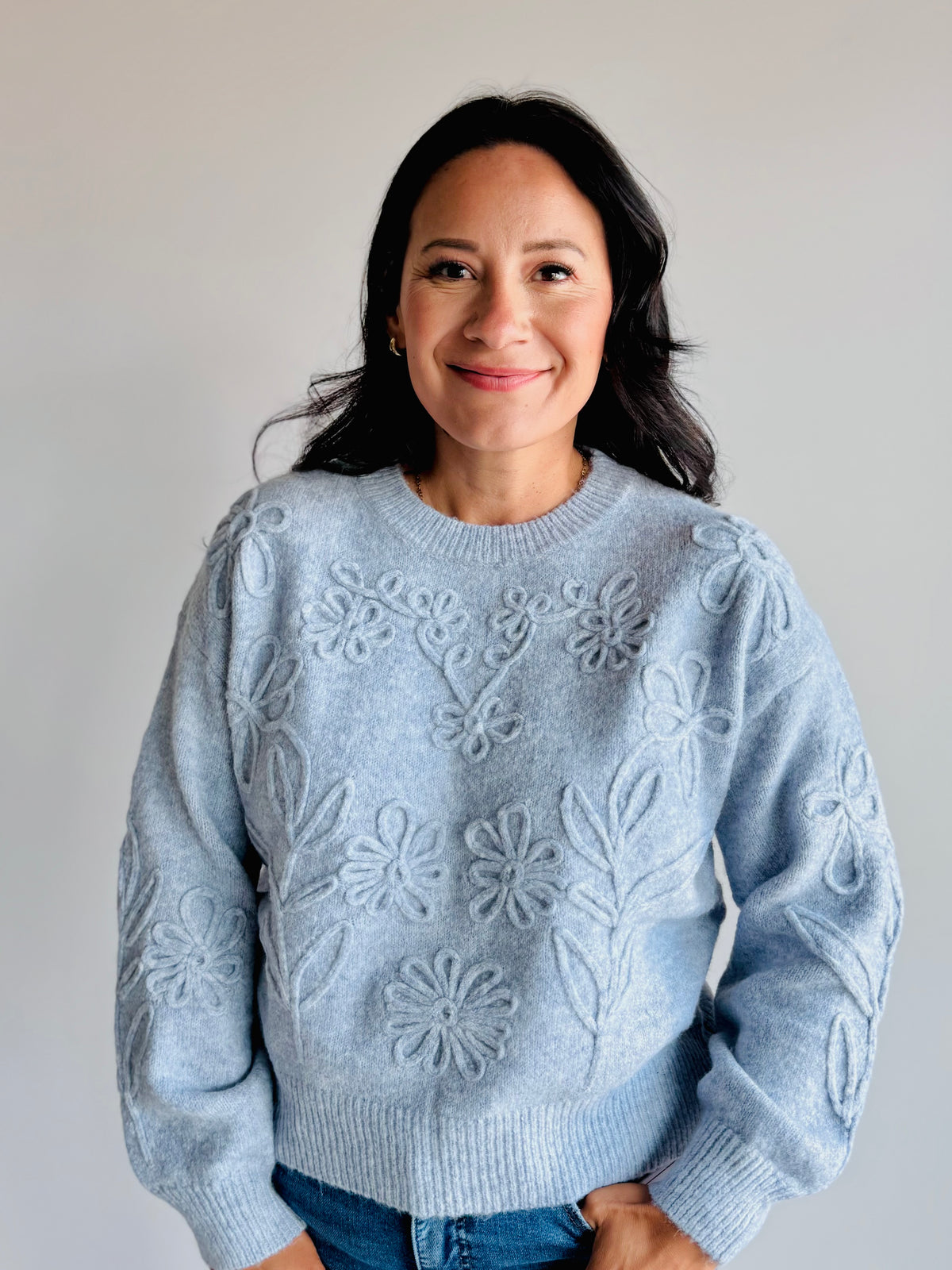 Stella Embroidered Floral Detail Sweater - Heather Blue - 27 West