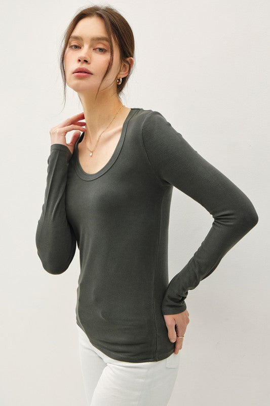 Elaina Long Sleeve Scoop Neck Top - Charcoal