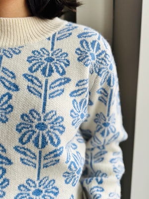 Hadley Floral Pattern Knit Sweater - Blue