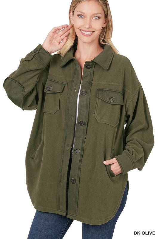 Leila Oversized Fleece Shacket - Dark Olive