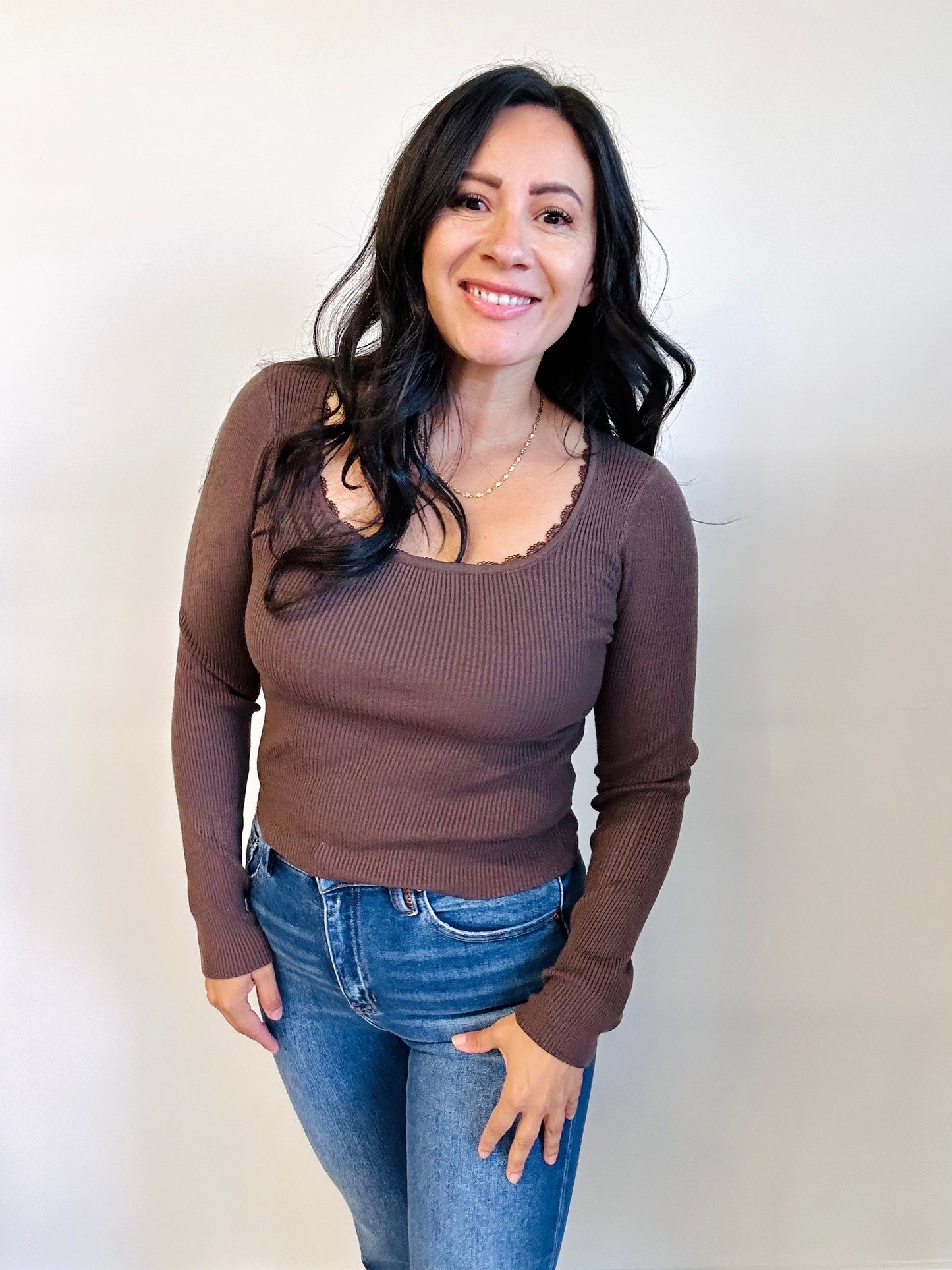 Abigail ribbed square neck top in espresso — front view, soft knit fabric