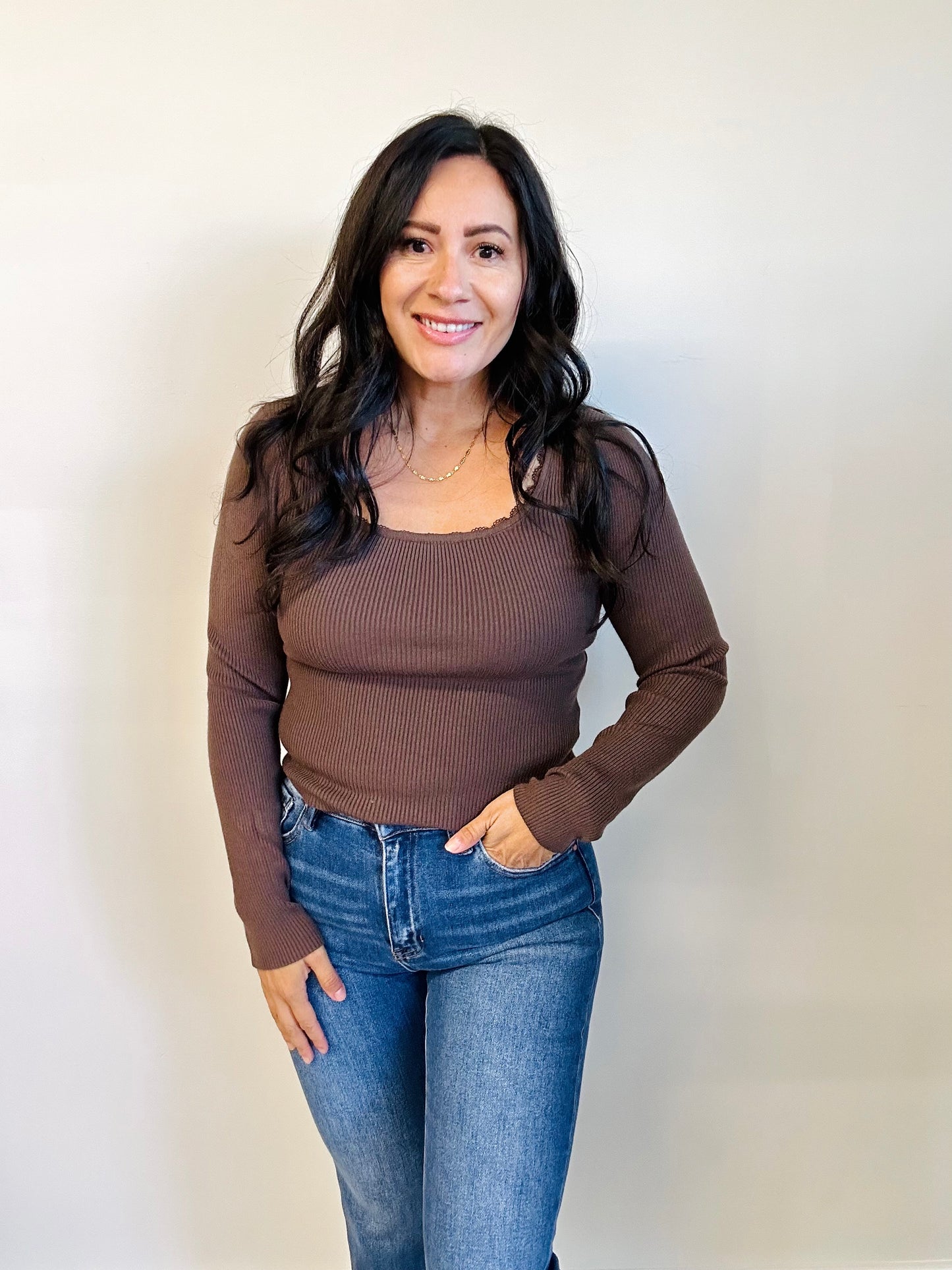 Side profile of Abigail ribbed square neck top — soft stretch silhouette