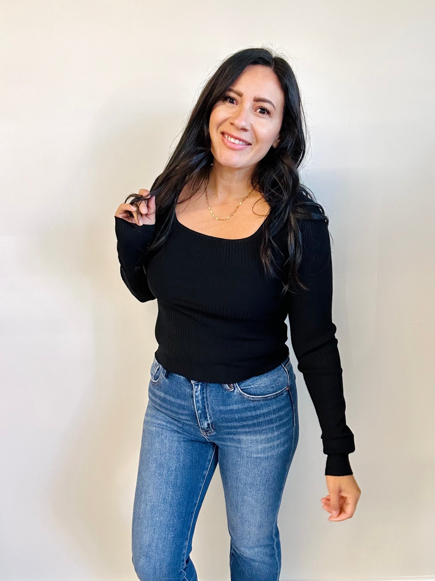 Allison square neck fitted top in black — front view, soft knit fabric