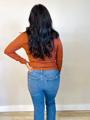 Back view of Allison square neck fitted top in rust, showcasing clean lines