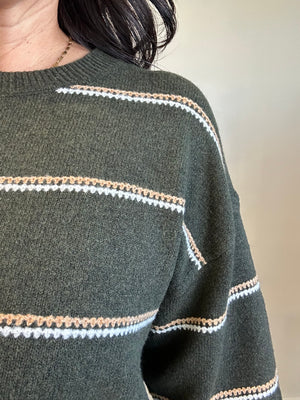 Close-up of striped knit texture and crew neckline of Angie sweater